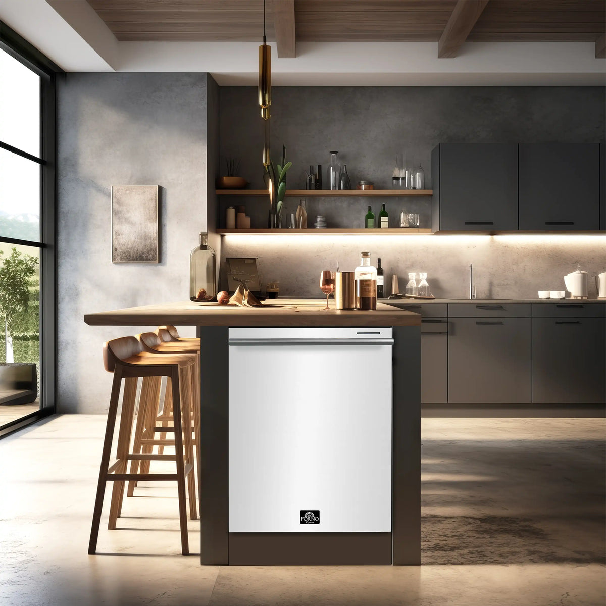 Forno 5-Piece Appliance Package - 30-Inch Electric Range, Under Cabinet Range Hood, French Door Refrigerator, Dishwasher , & Microwave Drawer in White with Antique Brass Trim