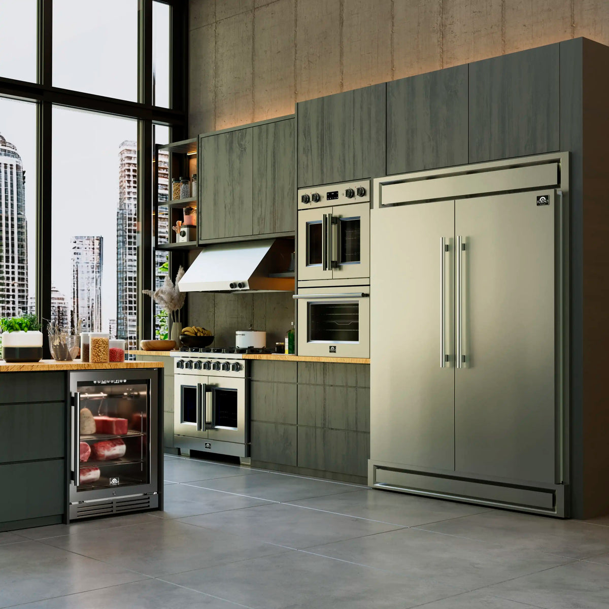 Forno 5-Piece Pro Appliance Package - 30-Inch Gas Range, 60-Inch Pro-Style Refrigerator, Wall Mount Hood with Backsplash, 24-Inch Microwave Oven, & 3-Rack Dishwasher in Stainless Steel