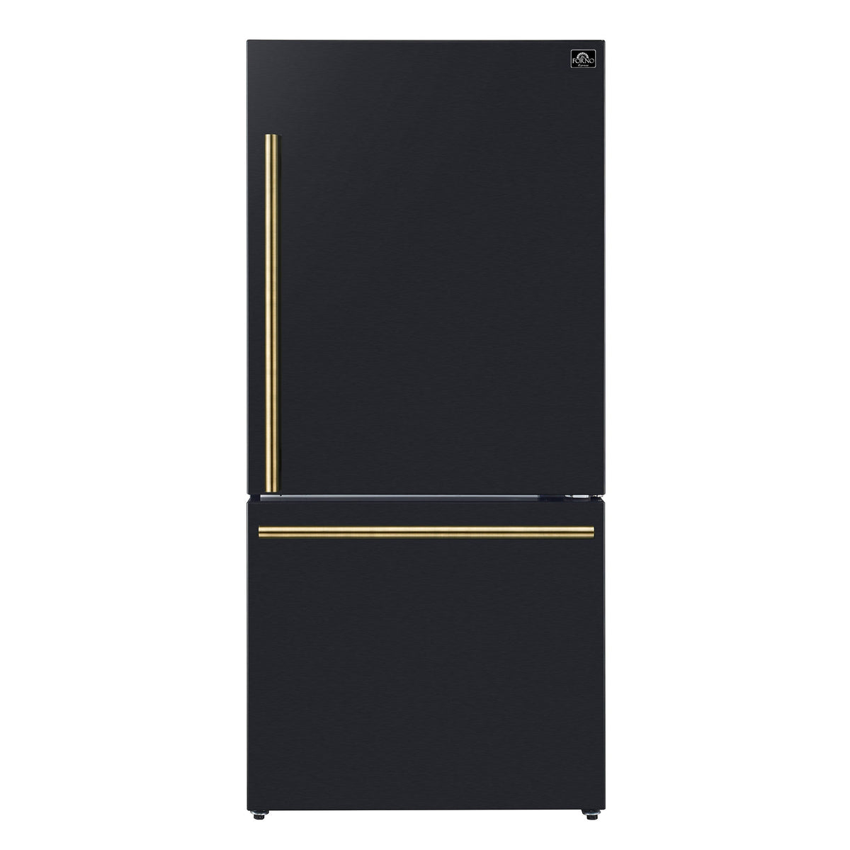 Forno 2-Piece Appliance Package - 30-Inch Slide-In Induction Range and 31-Inch Refrigerator, Right Hinge in Black with Antique Brass Trim (FBDL-014-11CAUS)
