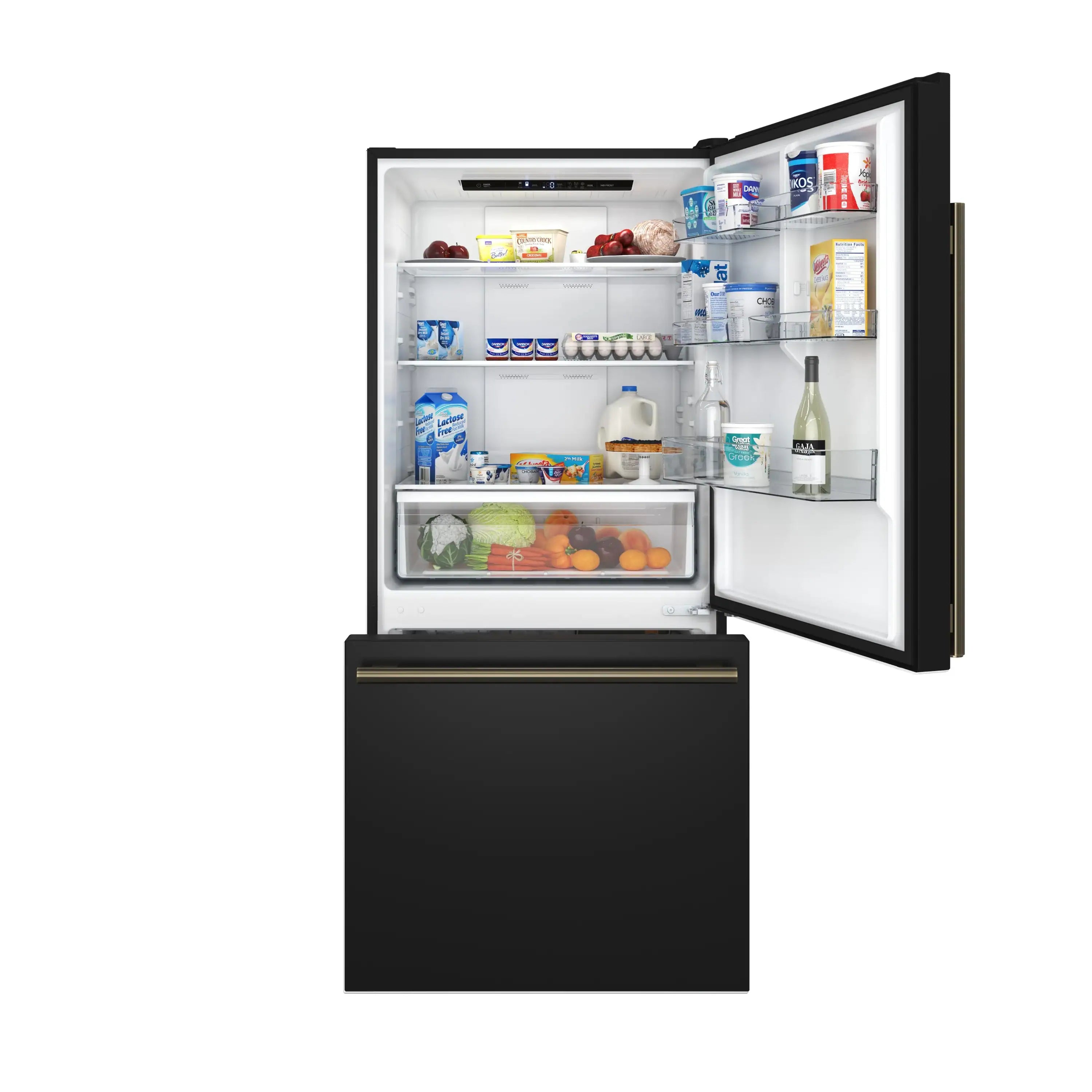 Forno Milano Espresso 31-Inch 17.2 cu. ft. Refrigerator and Bottom Freezer in Black with Antique Brass Trim, Right Hinge (FFFFD1785-31BLK)