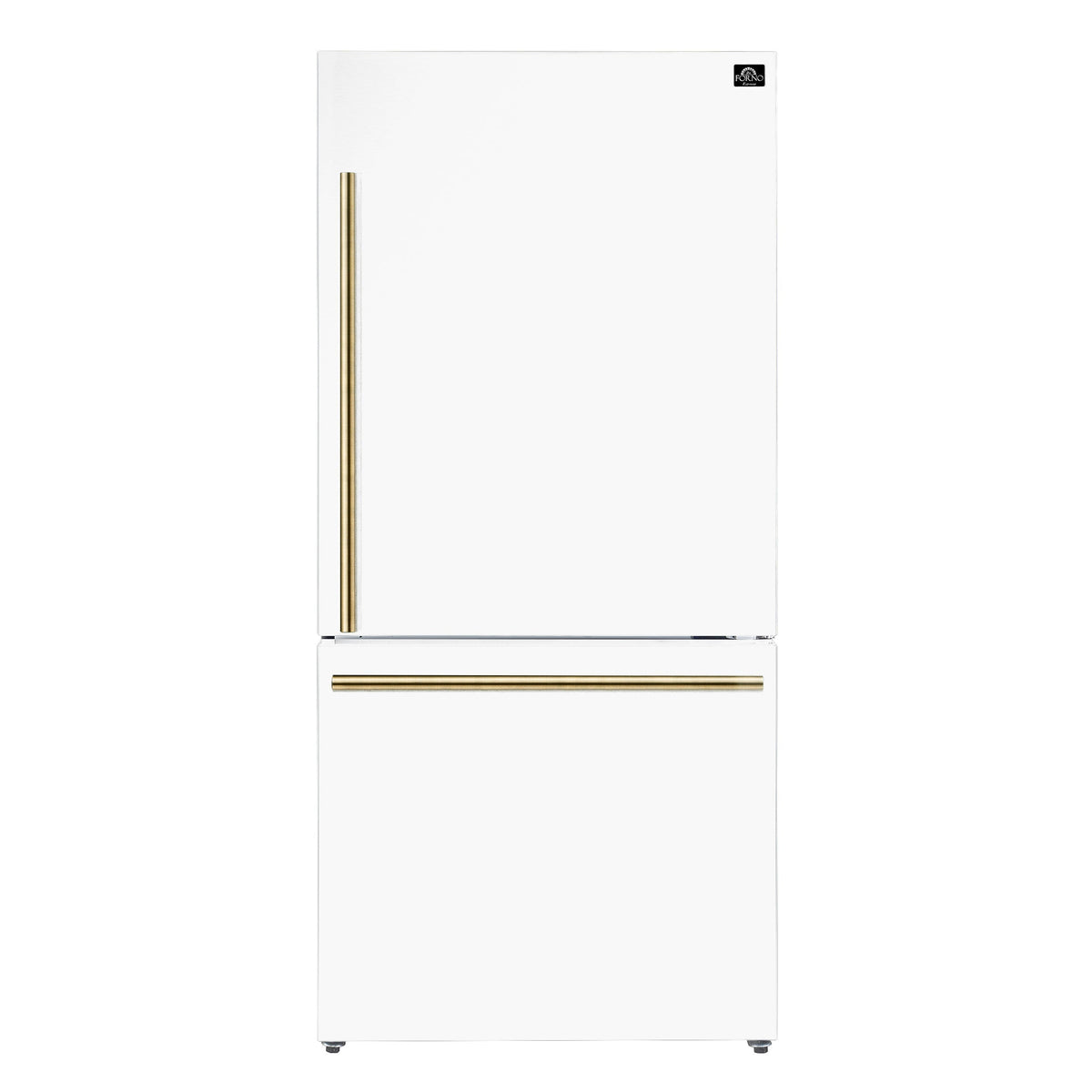 Forno 3-Piece Appliance Package - 30-Inch Gas Range, Under Cabinet Range Hood, & Refrigerator in White with Antique Brass Trim