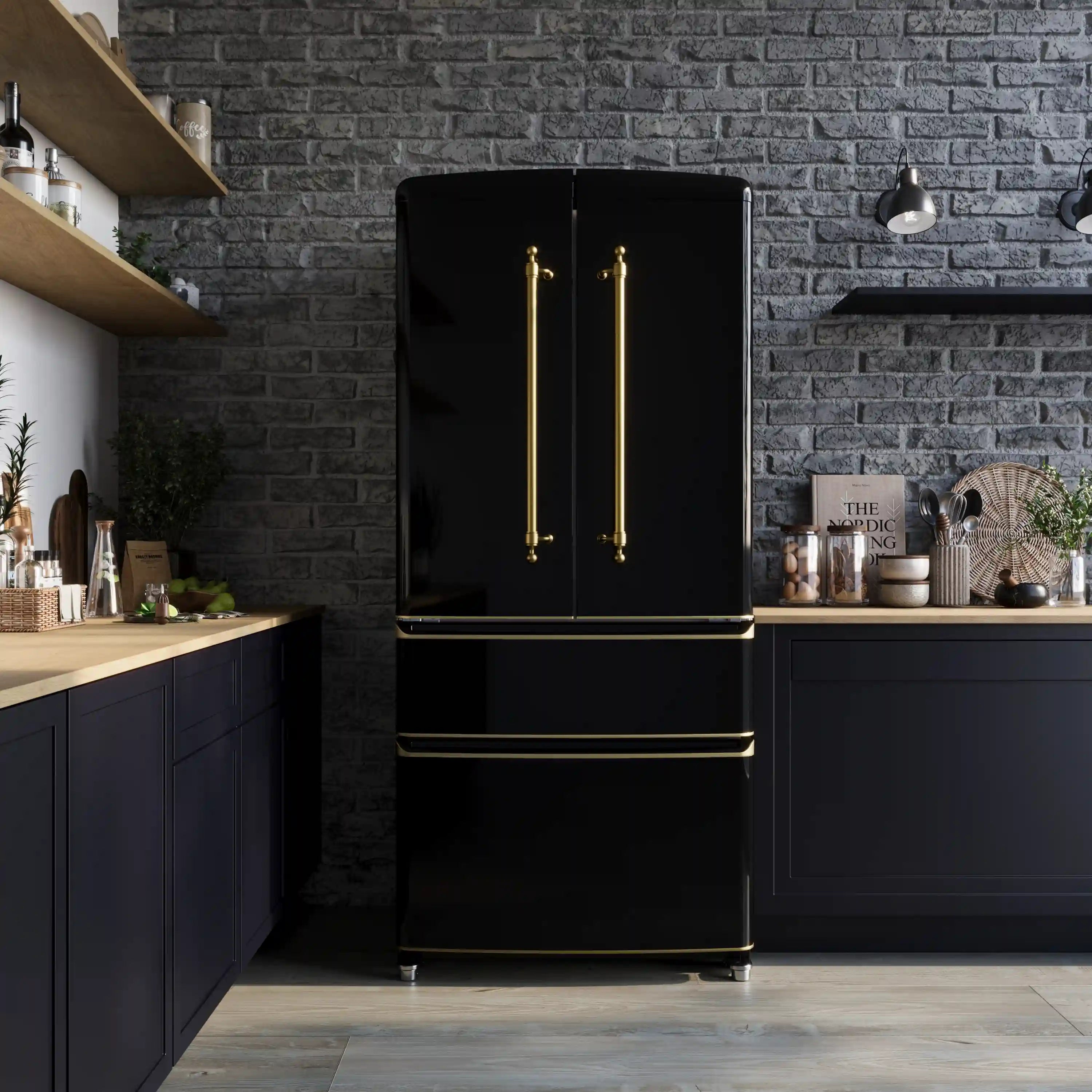 Forno Luigi 33-Inch 18 cu.ft. French Door Refrigerator in Black with Antique Brass Handles (FFFFD1791-33BLK)