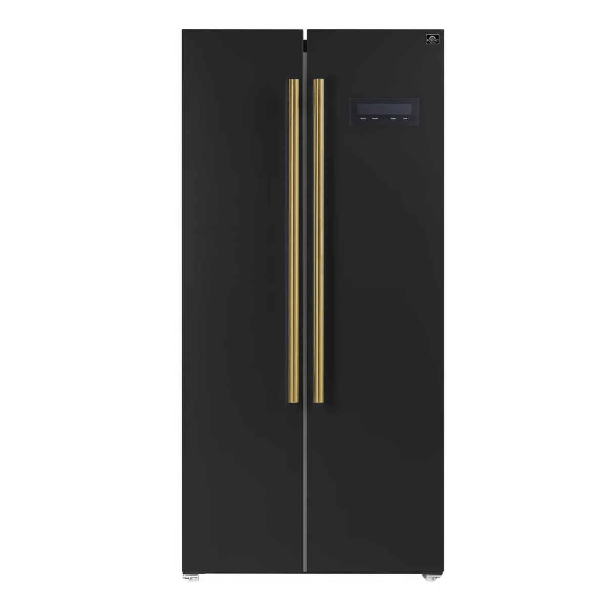 Forno Espresso 3-Piece Appliance Package - 30-Inch Electric Range with 5.0 Cu.Ft. Electric Oven, Built-In Refrigerator, and Under Cabinet Range Hood in Black with Antique Brass Trim
