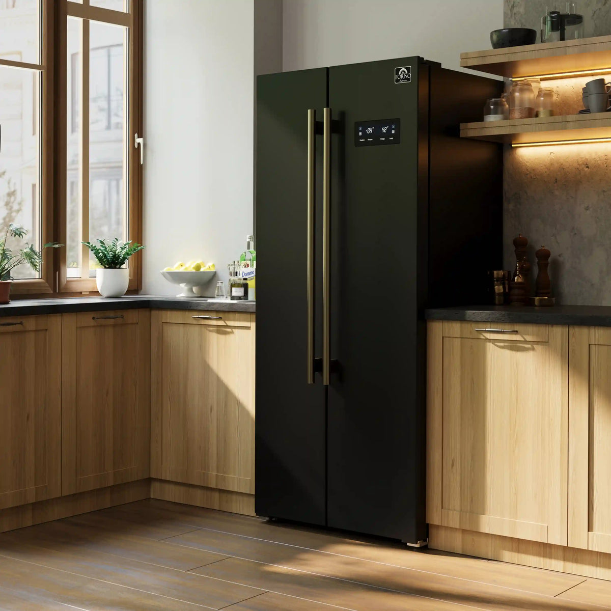 Forno Salerno Espresso 33-inch Side-by-Side 15.6 Cu.Ft. Refrigerator in Black with Antique Brass Handle (FFRBI1805-33BLK)