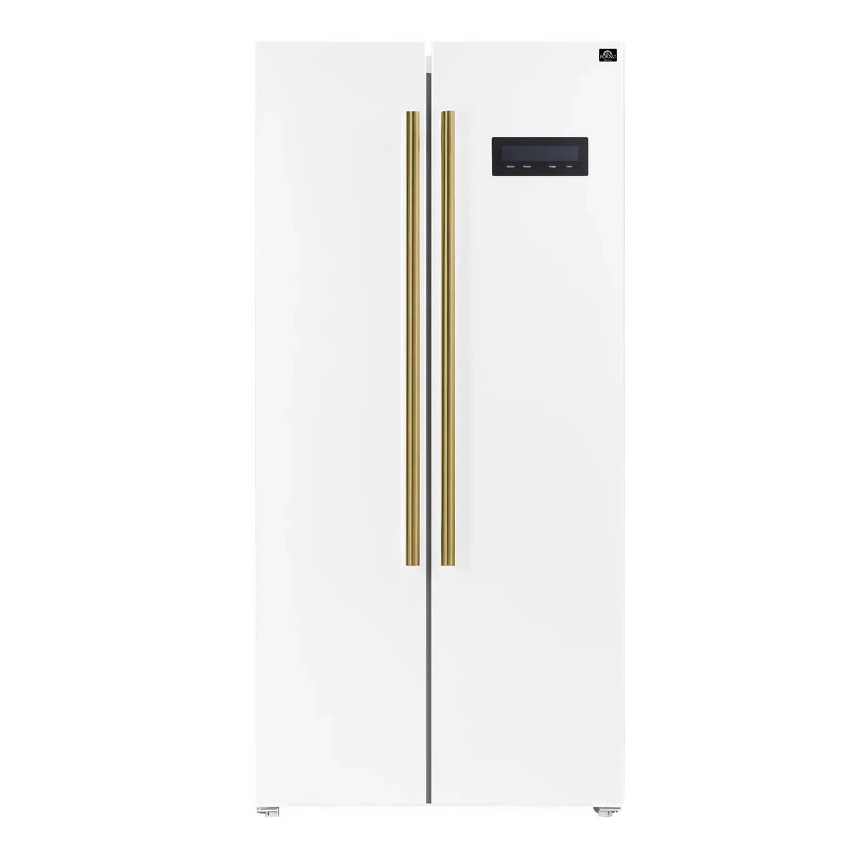 Forno Espresso 3-Piece Appliance Package - 30-Inch Electric Range with 5.0 Cu.Ft. Electric Oven, Built-In Refrigerator, and Under Cabinet Range Hood in White with Antique Brass Trim