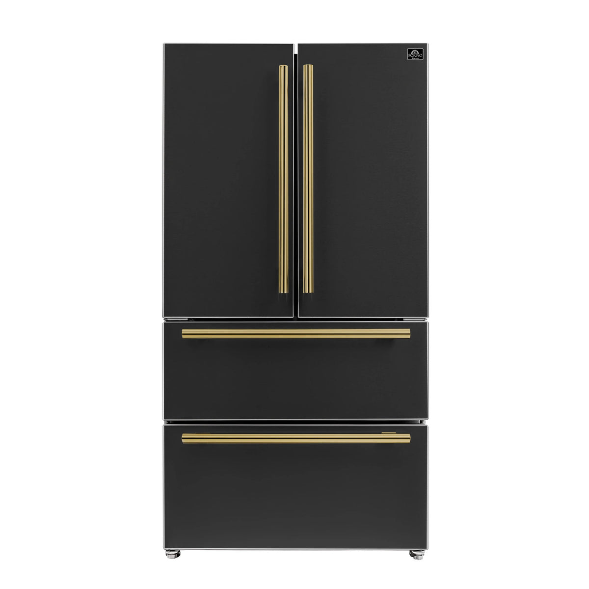 Forno Antico 5-Piece Appliance Package - 36-Inch Dual Fuel Range, 36-Inch Hood, 36-Inch Refrigerator, 24-Inch Dishwasher, & 24-Inch Microwave Drawer in Black with Antique Brass Trim