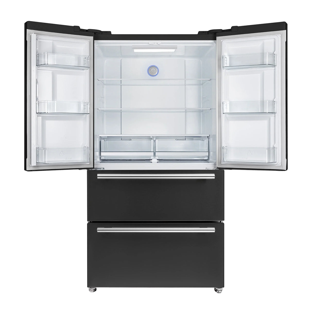 Forno 5-Piece Appliance Package - 30-Inch Electric Range, Under Cabinet Range Hood, French Door Refrigerator, Dishwasher, & 24-Inch Microwave Drawer in Black with Antique Brass Trim