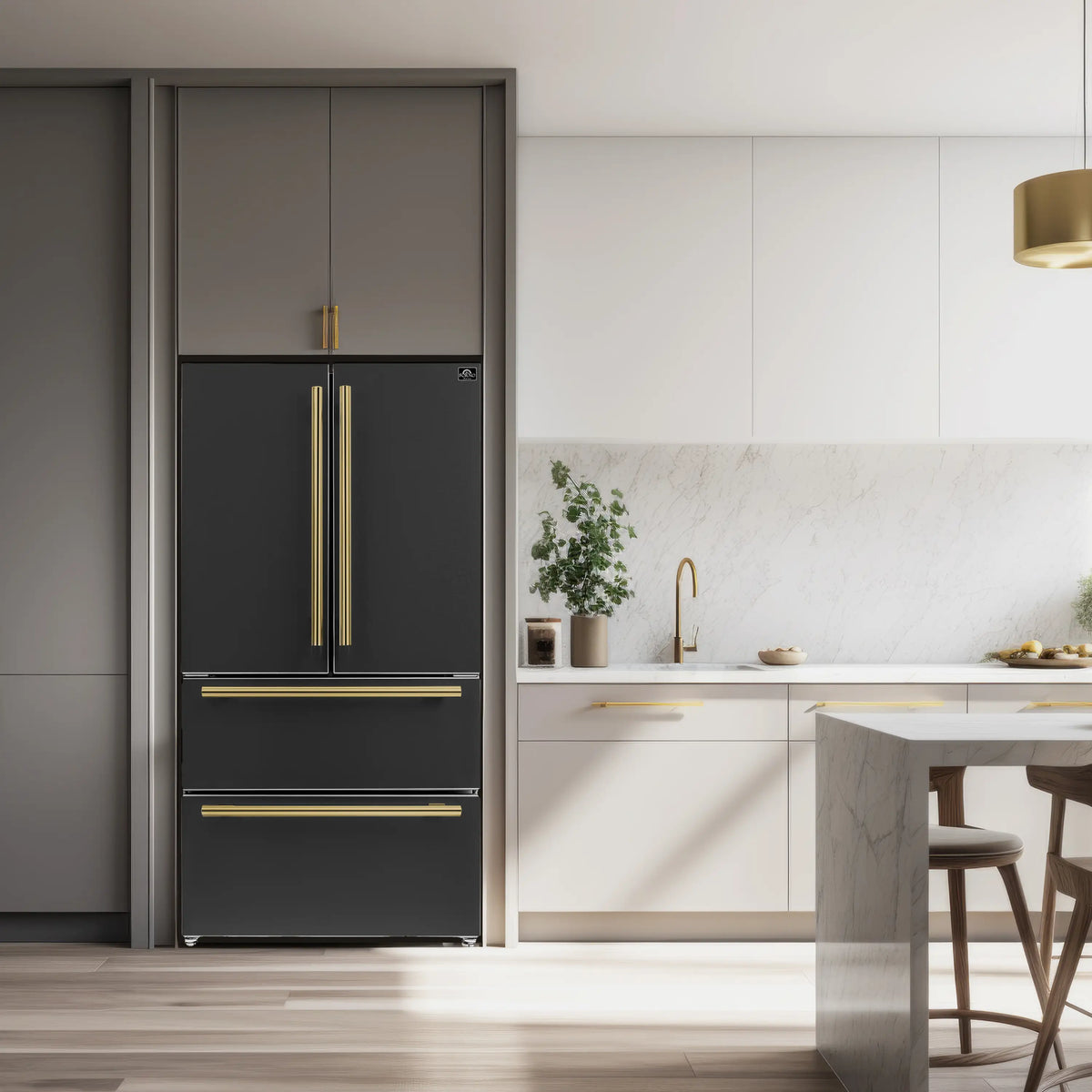 Forno 3-Piece Appliance Package - 30-Inch Induction Range, French Door Refrigerator, and Dishwasher in Black with Antique Brass Trim
