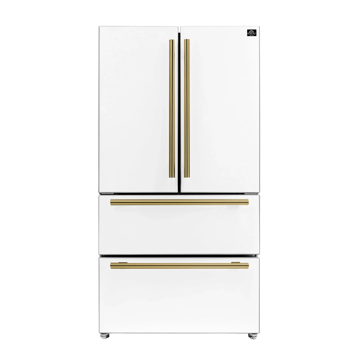 Forno 4-Piece Appliance Package - 30-Inch Induction Range, Under Cabinet Range Hood, French Door Refrigerator, and Dishwasher in White with Antique Brass Trim