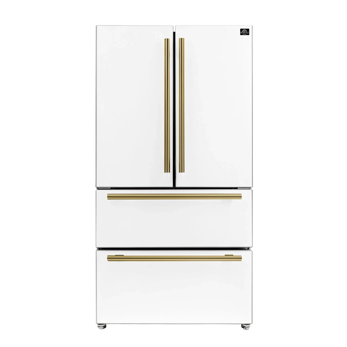 Forno 4-Piece Appliance Package - 30-Inch Espresso Gas Range , Wall Mount Range Hood, 36-Inch French Door Refrigerator, and Dishwasher in White with Antique Brass Trim