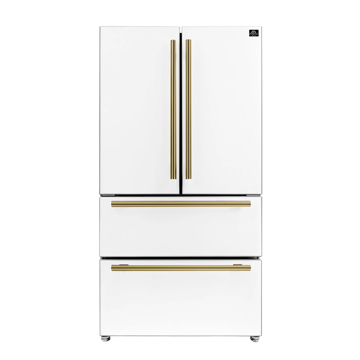 Forno 5-Piece Appliance Package - 30-inch Gas Range, Hood, Refrigerator, Dishwasher and 24-Inch Microwave Oven in White with Antique Brass Trim