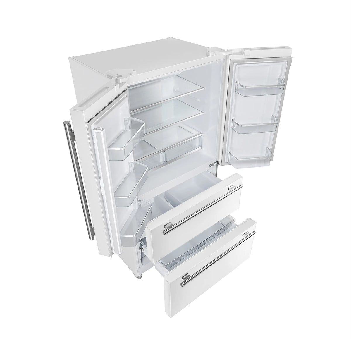 Forno 4-Piece Appliance Package - 48-Inch Electric Range, Wall Mount Range Hood, 36-Inch Refrigerator, and Dishwasher in White with Antique Brass Trim