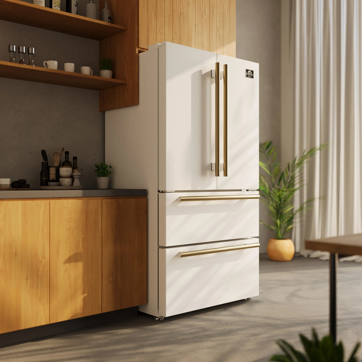 Forno 5-Piece Appliance Package - 36-Inch Electric Range, Wall Mount Range Hood, 36-Inch Refrigerator, Dishwasher, and 30-Inch Microwave Drawer in White with Antique Brass Trim