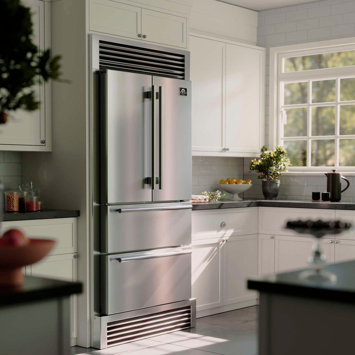 Forno 36-Inch French Door Refrigerator - 19 cu.ft with Double Freezer Drawer and Ice Maker - with 4-Inch Custom Grille (FFRBI1820-40SG)