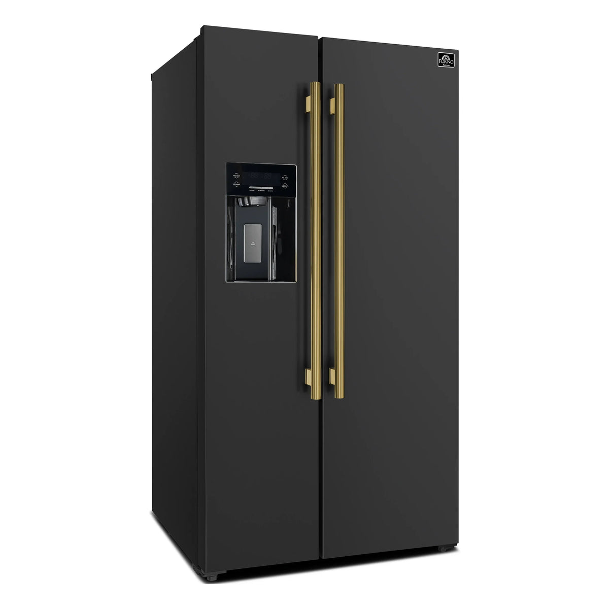 Forno 5-Piece Appliance Package - 30-Inch Gas Range, Under Cabinet Range Hood, Refrigerator with Water Dispenser, Dishwasher, and 30-Inch Microwave Oven in Black with Antique Brass Trim