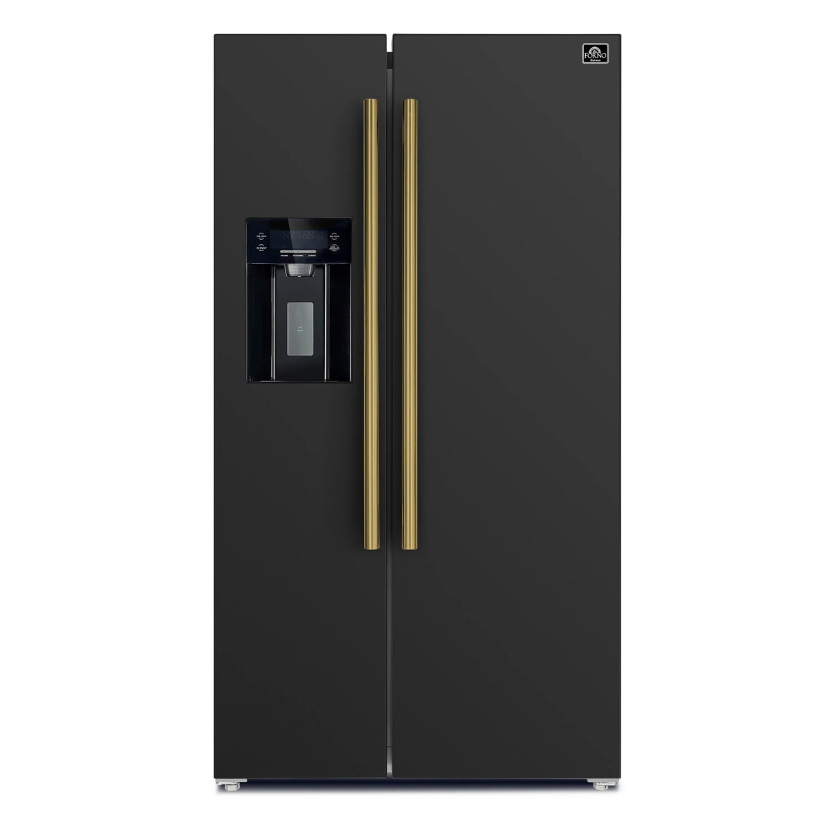 Forno 5-Piece Appliance Package - 30-Inch Electric Range, Under Cabinet Range Hood, Refrigerator with Water Dispenser, Dishwasher, and 30-Inch Microwave Oven in Black with Antique Brass Trim