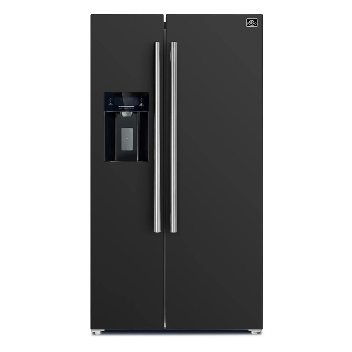 Forno Espresso 4-Piece Appliance Package - 30-Inch Electric Range, Under Cabinet Range Hood, Refrigerator with Water Dispenser and Dishwasher in Black with Antique Brass Trim