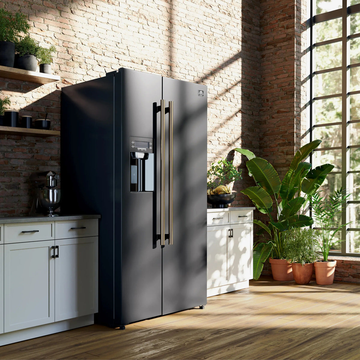 Forno Espresso 3-Piece Appliance Package - 30-Inch Electric Range, Refrigerator with Water Dispenser and Dishwasher in Black with Antique Brass Trim