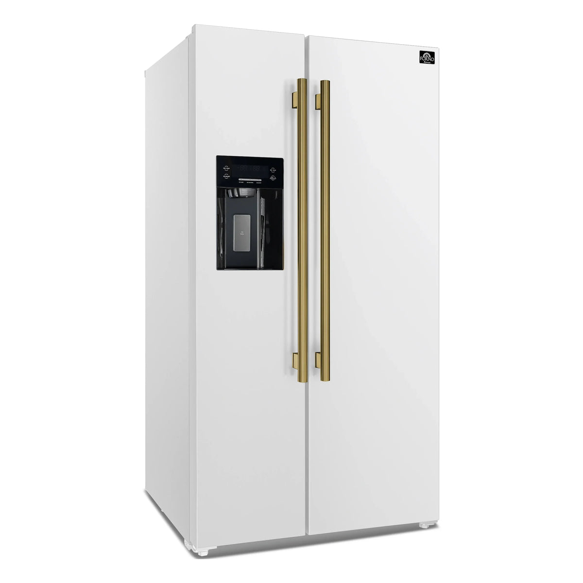 Forno 5-Piece Appliance Package - 30-Inch Electric Range, Under Cabinet Range Hood, Refrigerator with Water Dispenser, Dishwasher, and 30-Inch Microwave Drawer in White with Antique Brass Trim