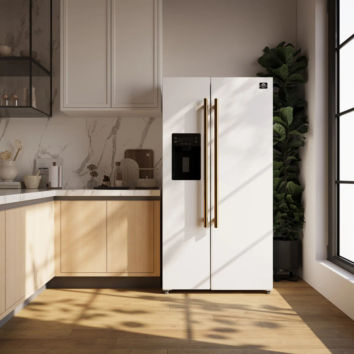 Forno 2-Piece Appliance Package - 30-Inch Slide-In Induction Range and 36-Inch Side by Side Refrigerator with Water Dispenser in White with Antique Brass Trim (FBDL-014-09CAUS)