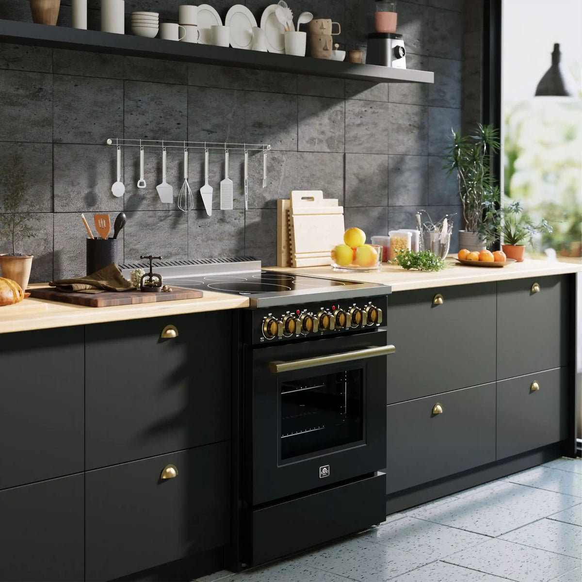Forno 3-Piece Appliance Package - 30-Inch Electric Range, Wall Mount Range Hood, and 36-Inch Refrigerator in Black with Antique Brass Trim