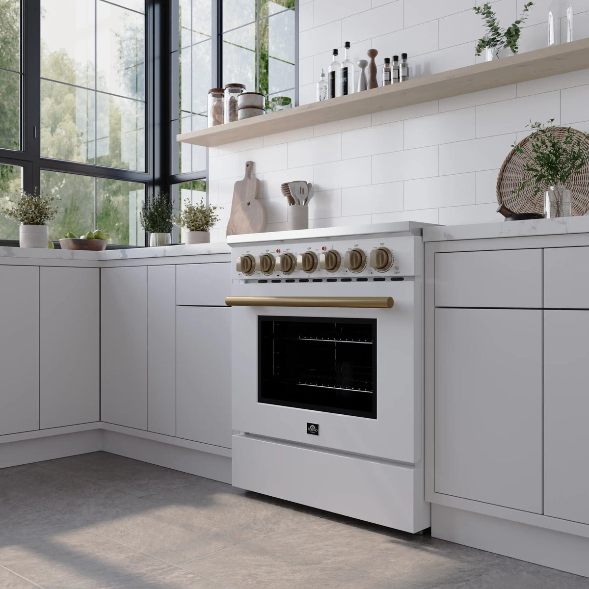 Forno 5-Piece Appliance Package - 30-Inch Electric Range, Wall Mount Range Hood, 60-Inch Refrigerator, Dishwasher, and 30-Inch Microwave Drawer in White with Antique Brass Trim