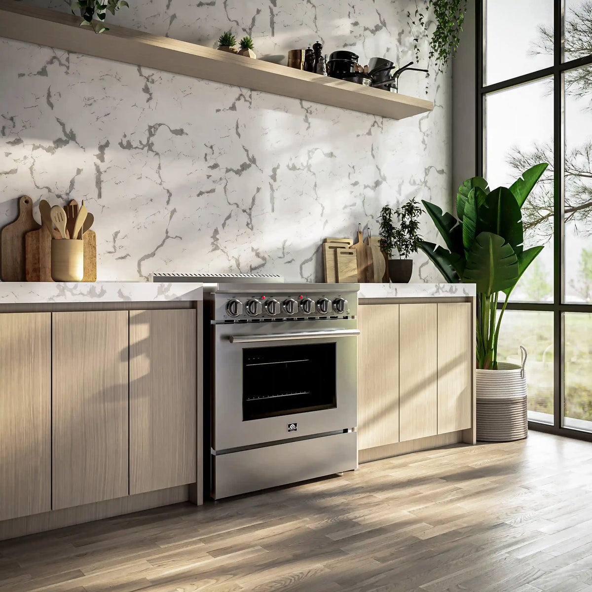 Forno 5-Piece Appliance Package - 30-Inch Electric Range, Wall Mount Range Hood, 60-Inch Refrigerator, Dishwasher, and 30-Inch Microwave Drawer in Stainless Steel