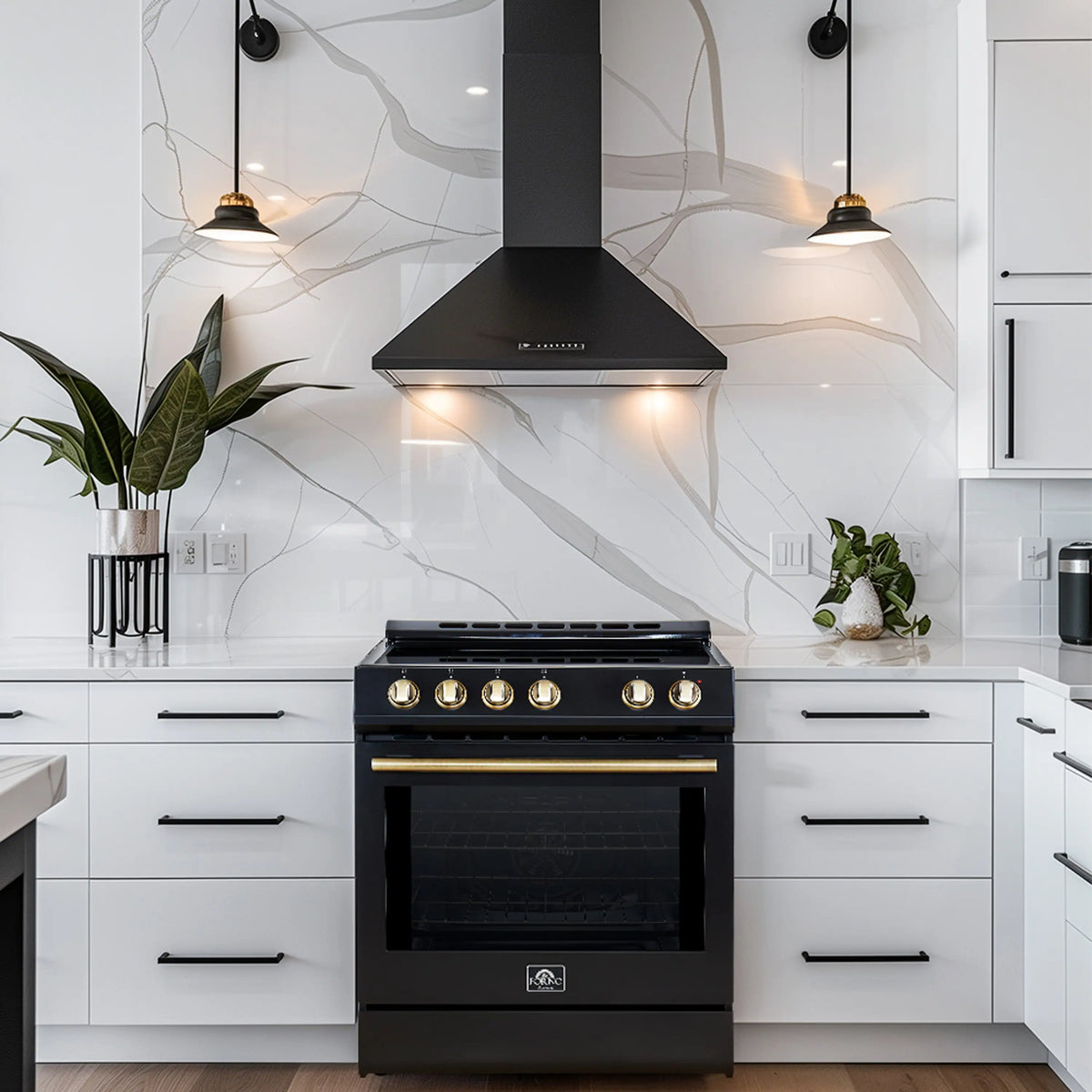 Forno 5-Piece Appliance Package - 30-Inch Electric Range, Under Cabinet Range Hood, French Door Refrigerator, Dishwasher, & 24-Inch Microwave Drawer in Black with Antique Brass Trim