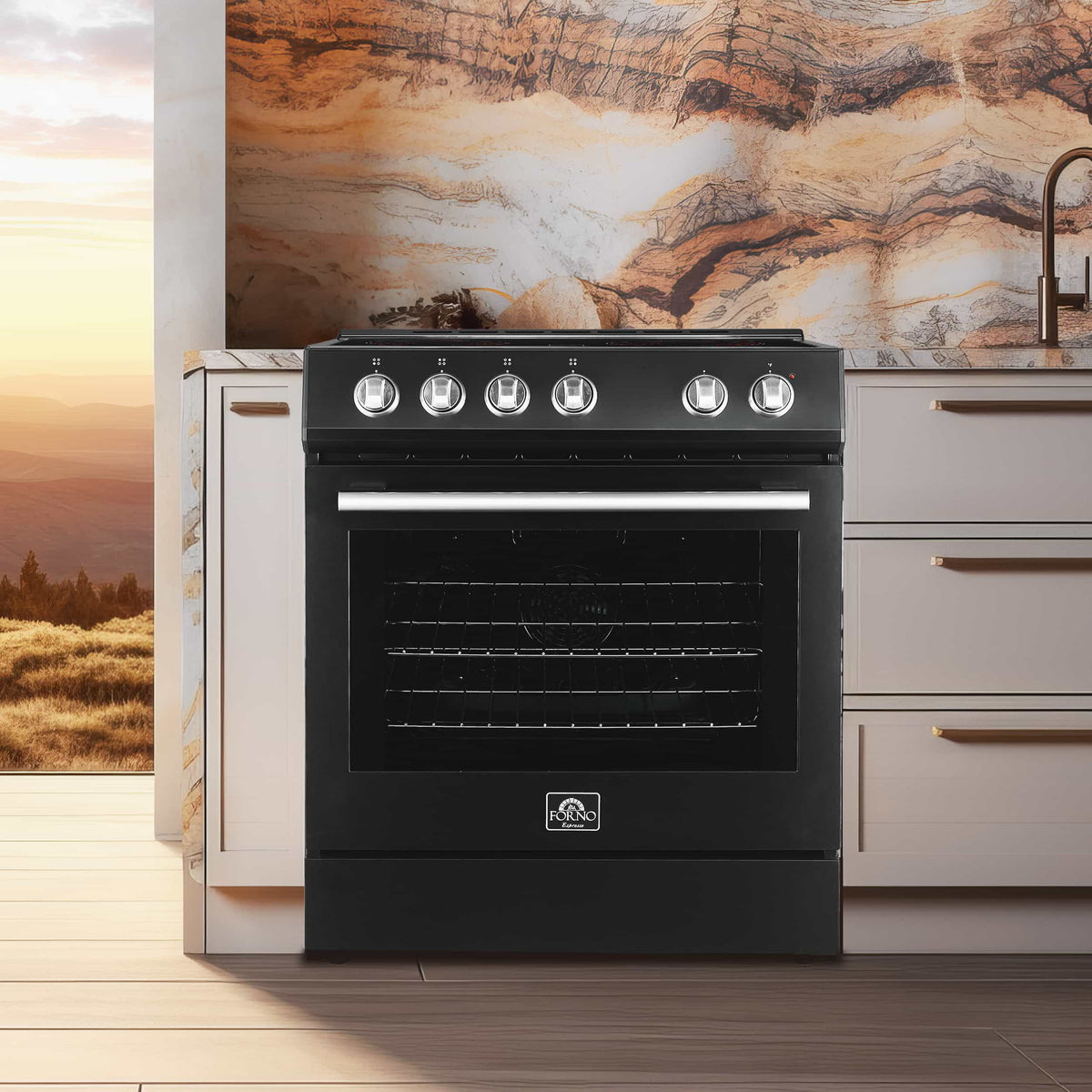 Forno Espresso 4-Piece Appliance Package - 30-Inch Electric Range, Under Cabinet Range Hood, Refrigerator and Dishwasher in Black with Stainless Steel Trim