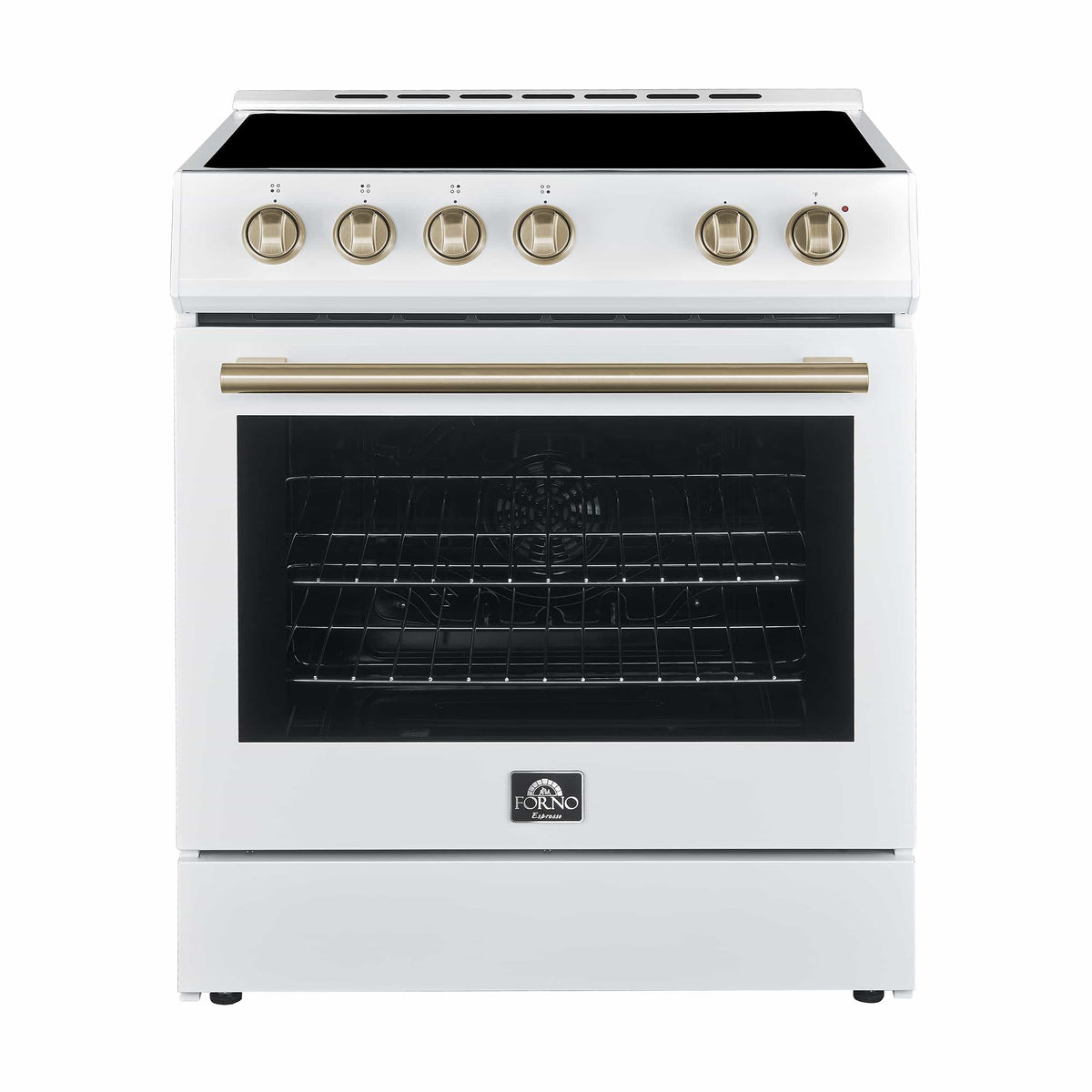 Forno 5-Piece Appliance Package - 30-Inch Electric Range, Under Cabinet Range Hood, Refrigerator with Water Dispenser, Dishwasher, and 30-Inch Microwave Drawer in White with Stainless Steel Trim