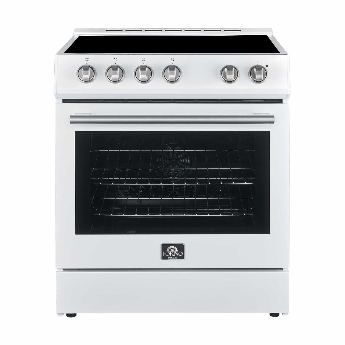 Forno 5-Piece Appliance Package - 30-Inch Electric Range, Under Cabinet Range Hood, Refrigerator with Water Dispenser, Dishwasher, and  Microwave Drawer in White with Stainless Steel Trim