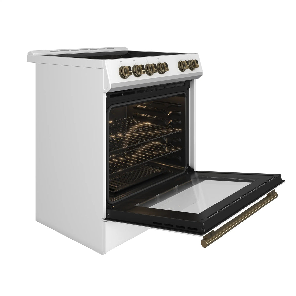 Forno Espresso 4-Piece Appliance Package - 30-Inch Electric Range, Under Cabinet Range Hood, Refrigerator with Water Dispenser and Dishwasher in White with Antique Brass Trim