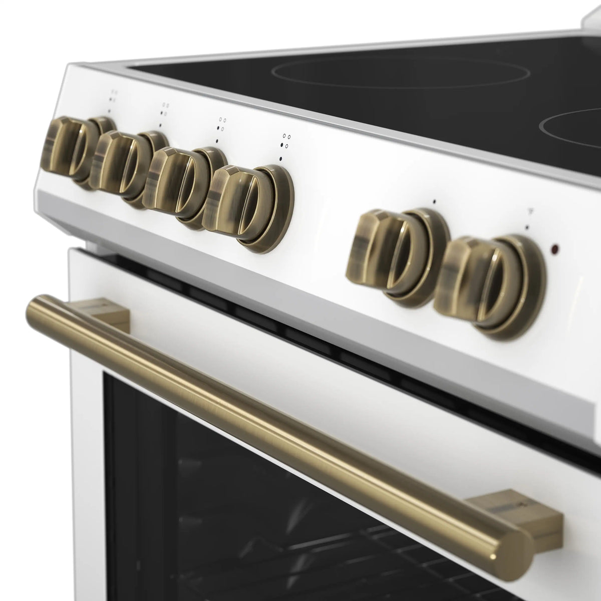 Forno Espresso 4-Piece Appliance Package - 30-Inch Electric Range, Under Cabinet Range Hood, Refrigerator with Water Dispenser and Dishwasher in White with Antique Brass Trim