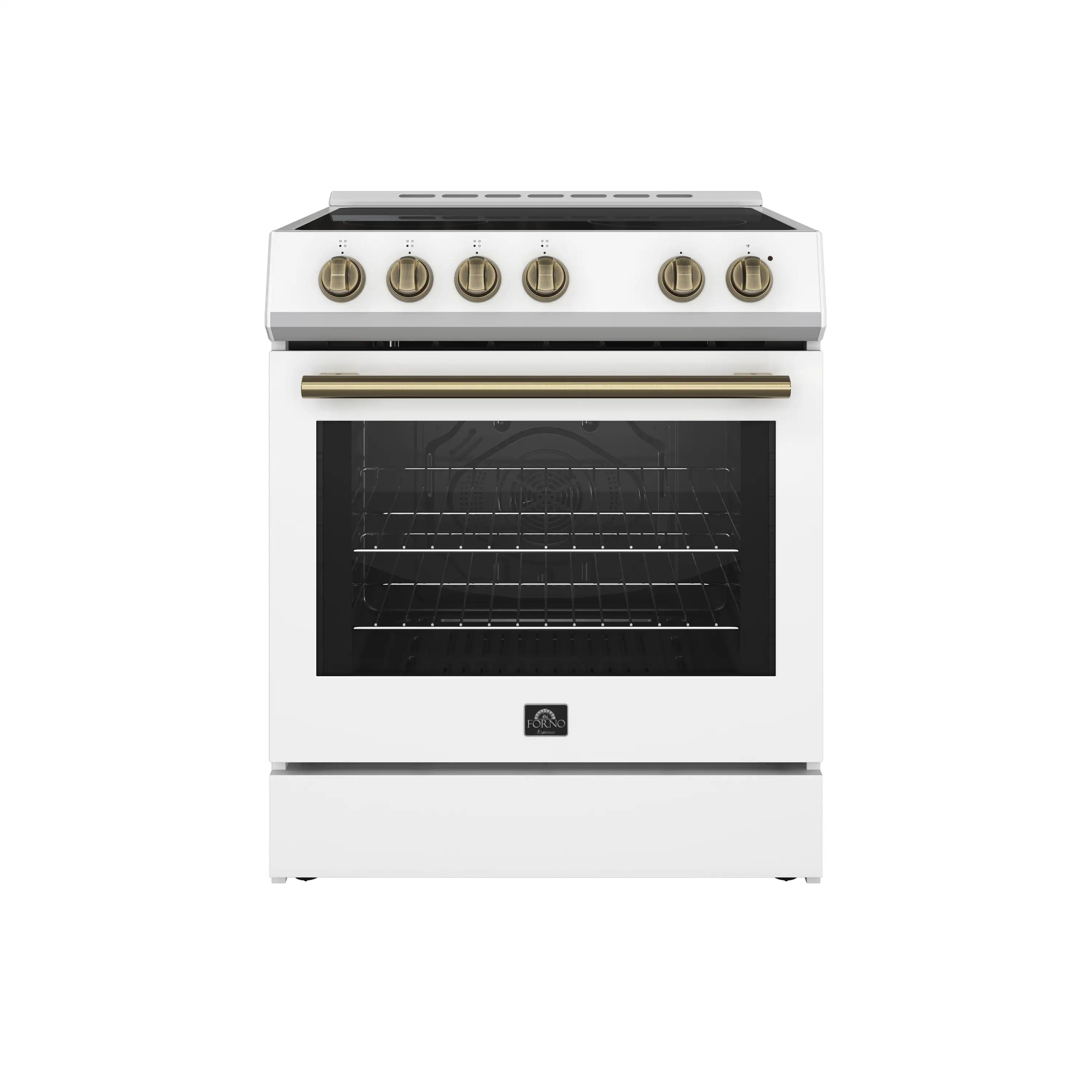 Forno Leonardo Espresso 30-Inch Electric Range with 5.0 cu. Ft. Electric Oven in White in Antique Brass Trim (FFSEL6012-30WHT)