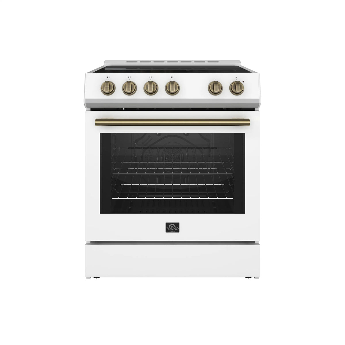 Forno 4-Piece Appliance Package - 30-Inch Espresso Electric Range , Wall Mount Range Hood, 36-Inch French Door Refrigerator, and Dishwasher in White with Antique Brass Trim