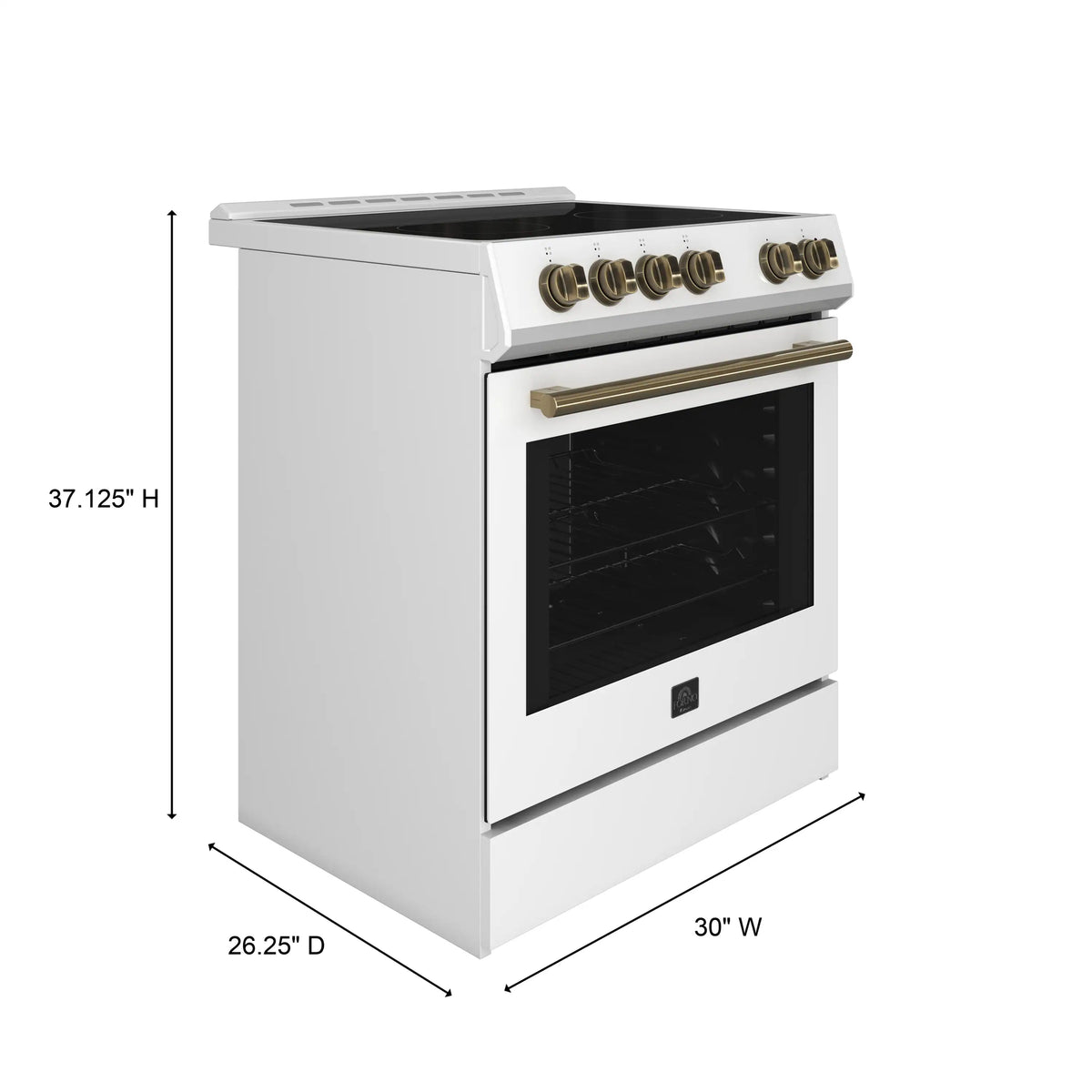 Forno Espresso 3-Piece Appliance Package - 30-Inch Electric Range, Refrigerator with Water Dispenser and Dishwasher in White with Antique Brass Trim