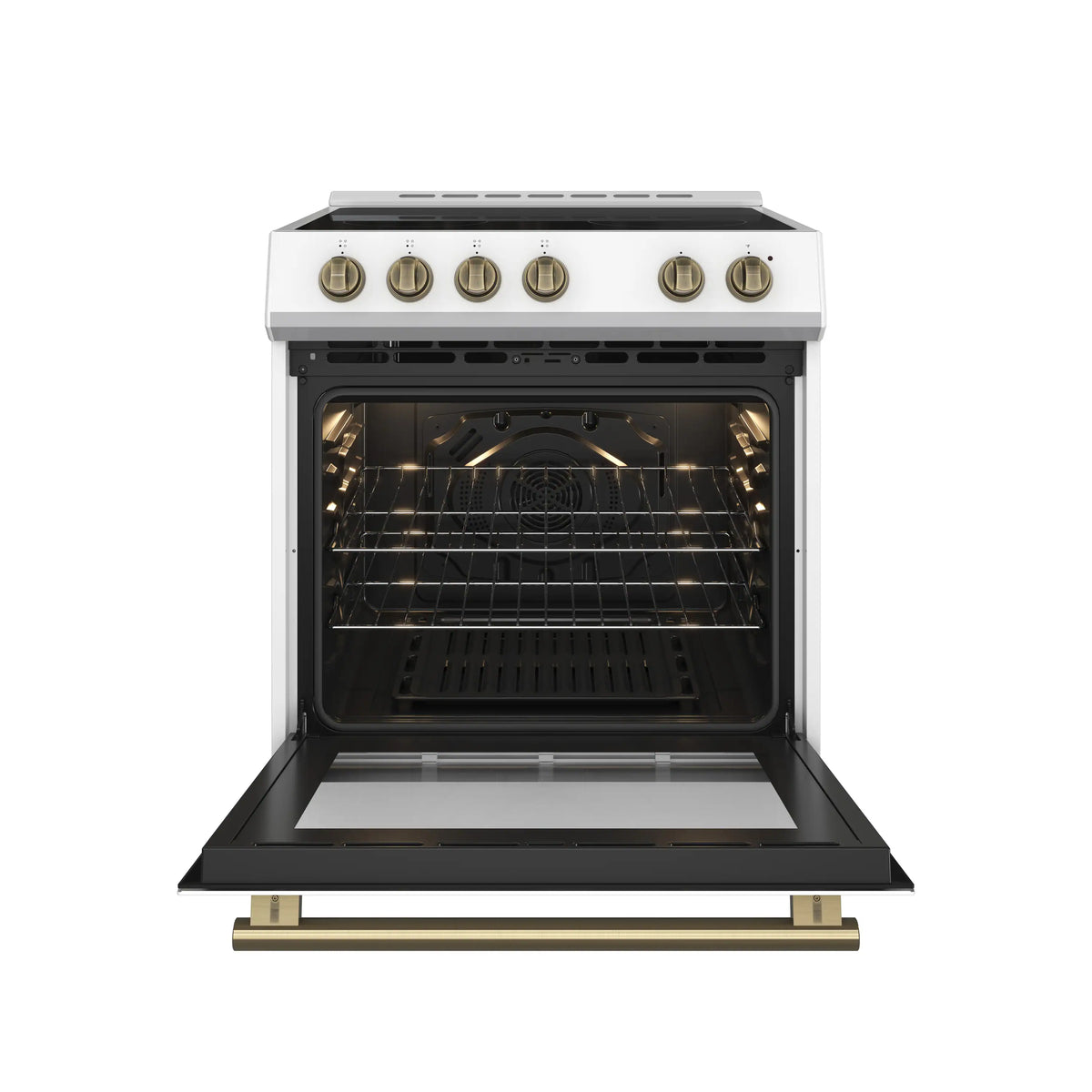 Forno Espresso 4-Piece Appliance Package - 30-Inch Electric Range, Under Cabinet Range Hood, Refrigerator with Water Dispenser and Dishwasher in White with Antique Brass Trim