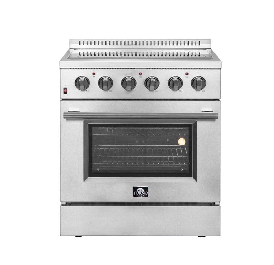 Forno 5-Piece Appliance Package - 30-Inch Electric Range, Wall Mount Range Hood, Pro-Style Refrigerator, Dishwasher, and 24-Inch Microwave Oven in Stainless Steel
