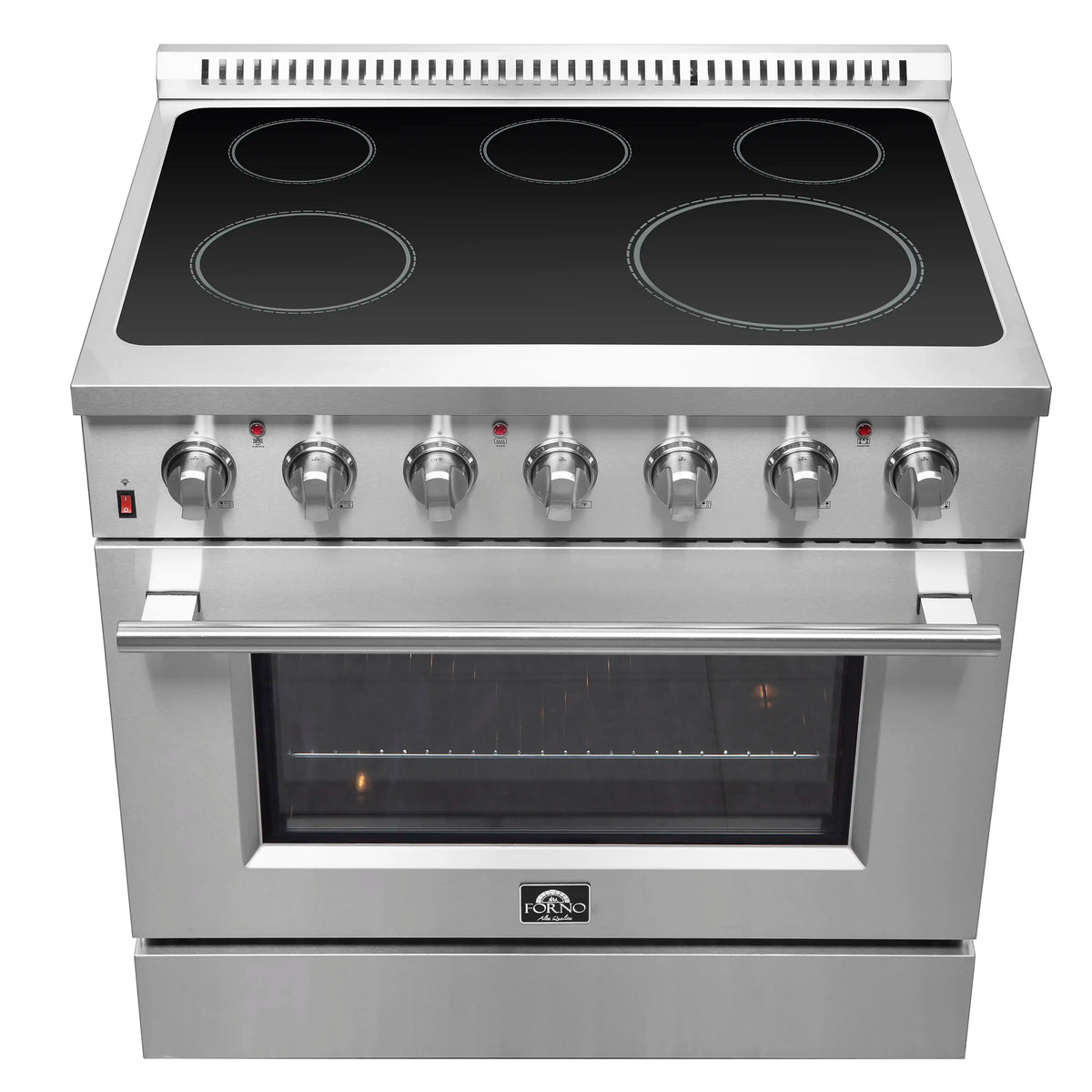 Forno 5-Piece Appliance Package - 36-Inch Electric Range, Wall Mount Range Hood, Pro-Style Refrigerator, Dishwasher, and 24-Inch Microwave Oven in Stainless Steel