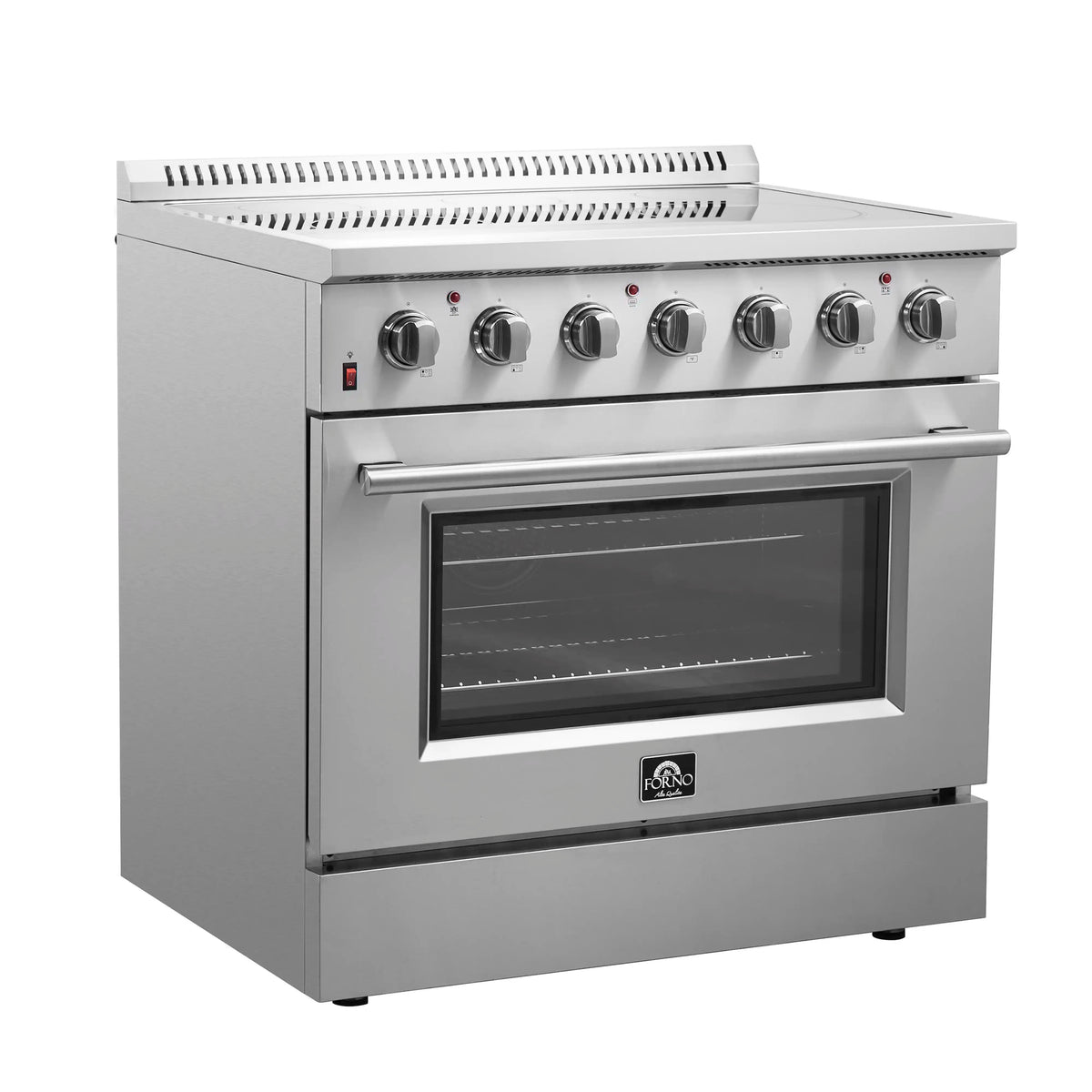 Forno 5-Piece Appliance Package - 36-Inch Electric Range, Wall Mount Range Hood, Pro-Style Refrigerator, Dishwasher, and 24-Inch Microwave Oven in Stainless Steel