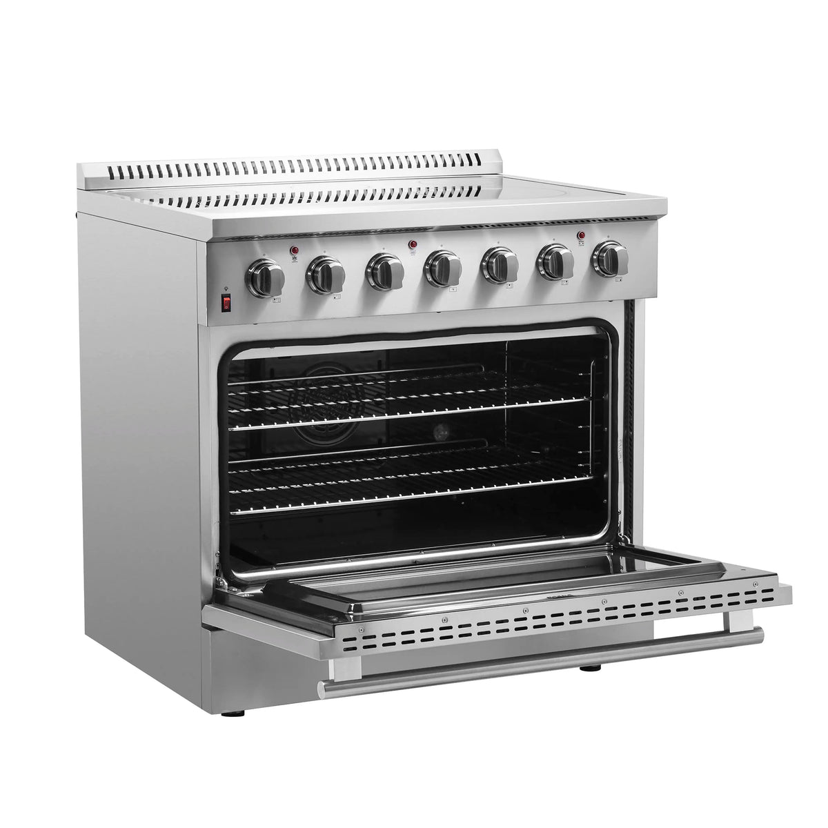 Forno 5-Piece Appliance Package - 36-Inch Electric Range, Wall Mount Range Hood, Pro-Style Refrigerator, Dishwasher, and 24-Inch Microwave Drawer in Stainless Steel