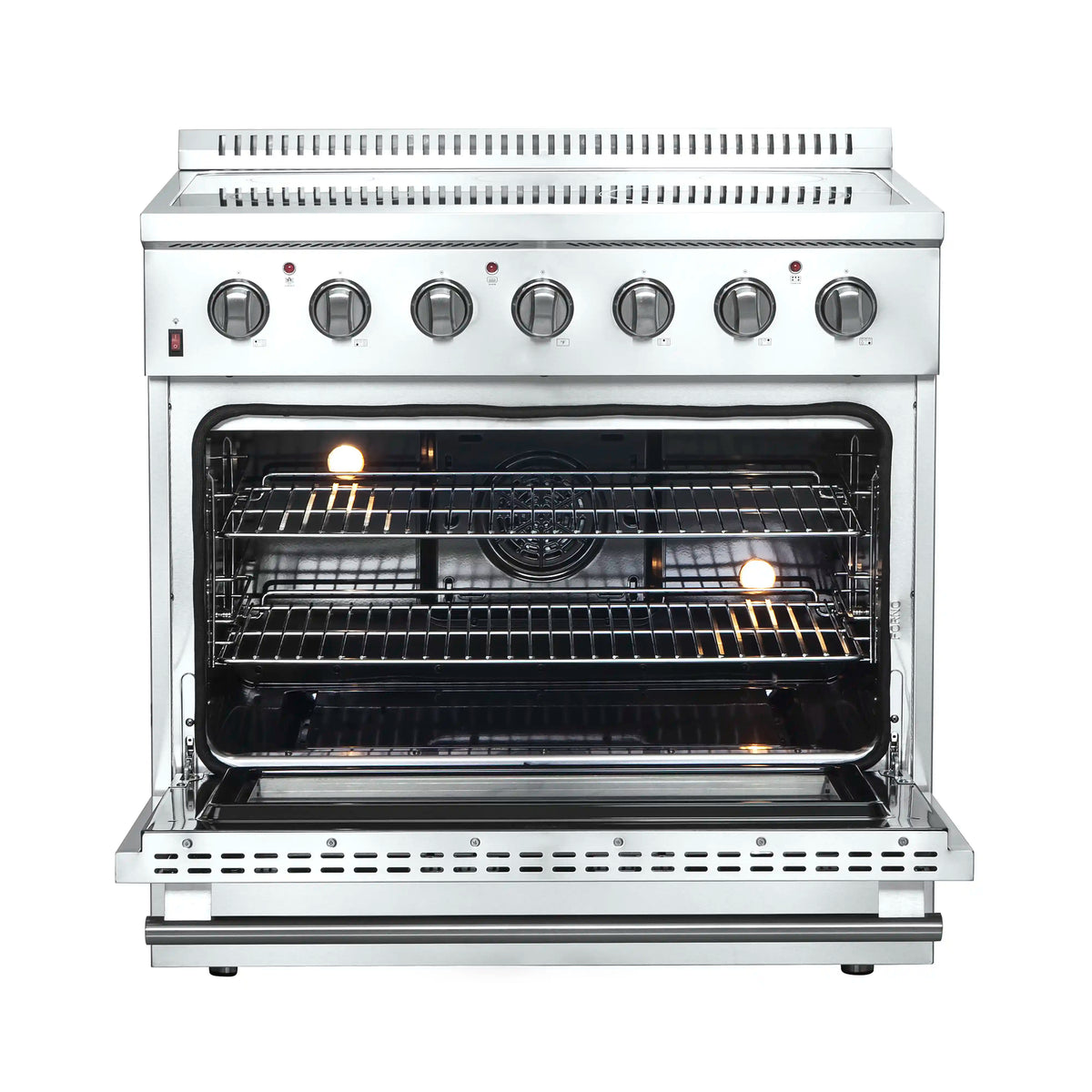 Forno 5-Piece Appliance Package - 36-Inch Electric Range, Wall Mount Range Hood, Pro-Style Refrigerator, Dishwasher, and 24-Inch Microwave Drawer in Stainless Steel
