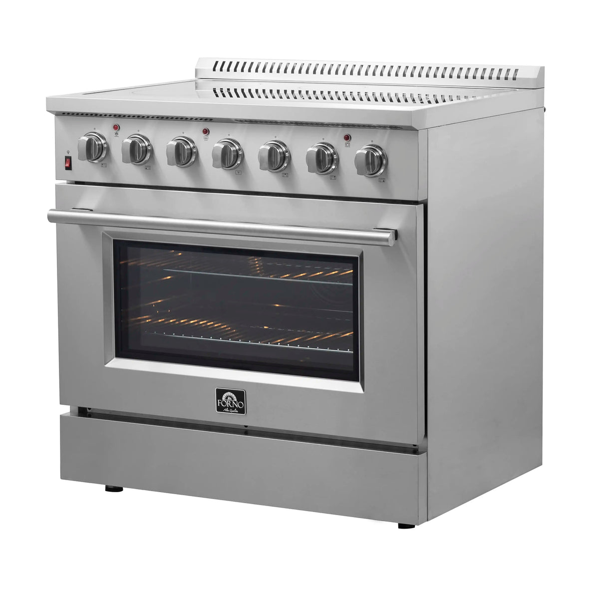 Forno 5-Piece Appliance Package - 36-Inch Electric Range, Wall Mount Range Hood, French Door Refrigerator, Dishwasher, and 24-Inch Microwave Drawer in Stainless Steel