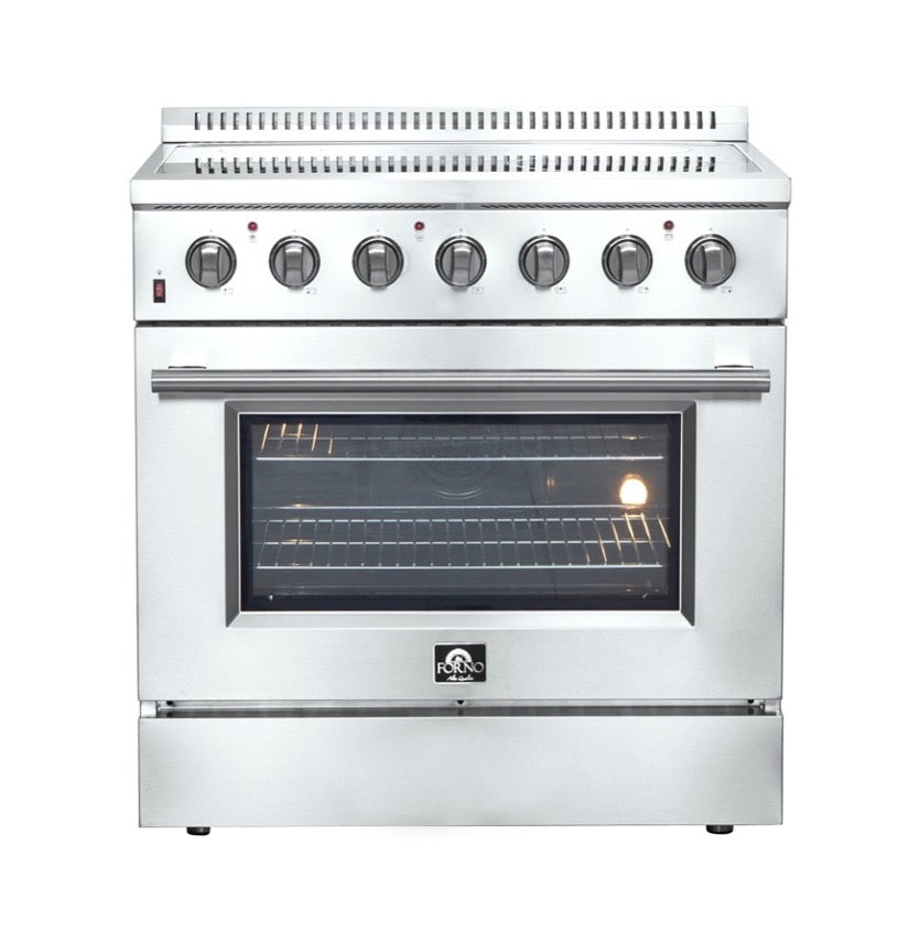 Forno 5-Piece Appliance Package - 36-Inch Electric Range, Wall Mount Range Hood with Backsplash, Pro-Style Refrigerator, Dishwasher, and 24-Inch Microwave Drawer in Stainless Steel