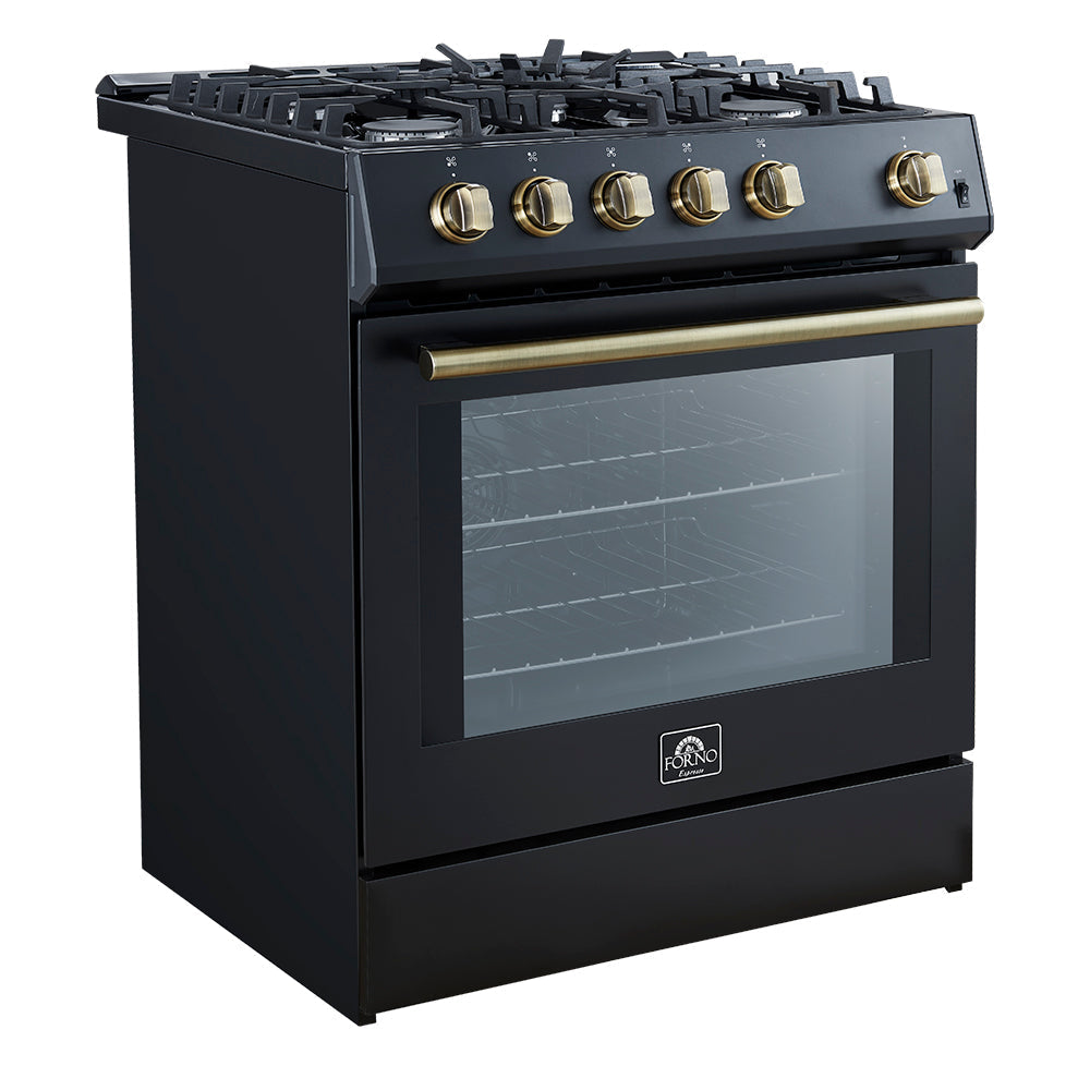Forno 5-Piece Appliance Package - 30-Inch Gas Range, Under Cabinet Range Hood, Refrigerator with Water Dispenser, Dishwasher, and 30-Inch Microwave Oven in Black with Antique Brass Trim