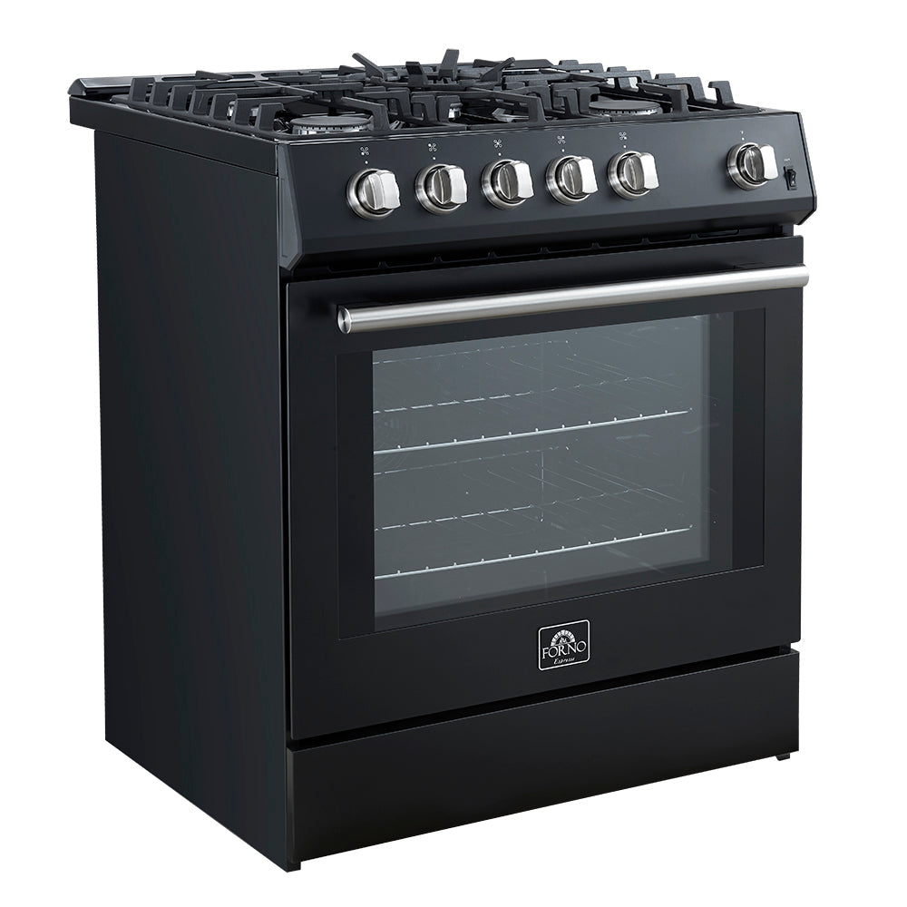 Forno 3-Piece Appliance Package - 30-Inch Gas Range, Refrigerator, and Dishwasher in Black with Stainless Steel Trim
