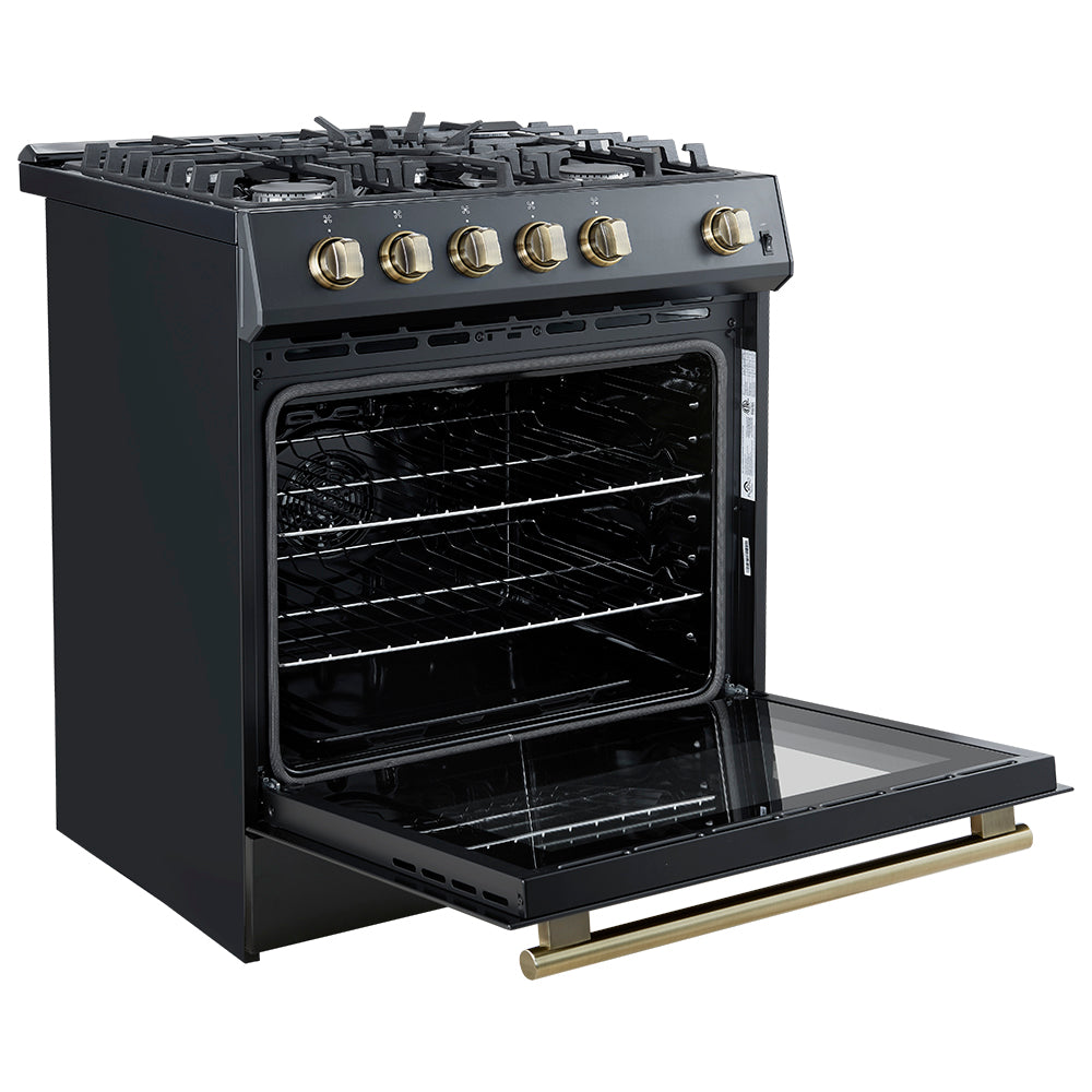 Forno 2-Piece Appliance Package - 30-Inch Gas Range & Refrigerator in Black with Antique Brass Trim