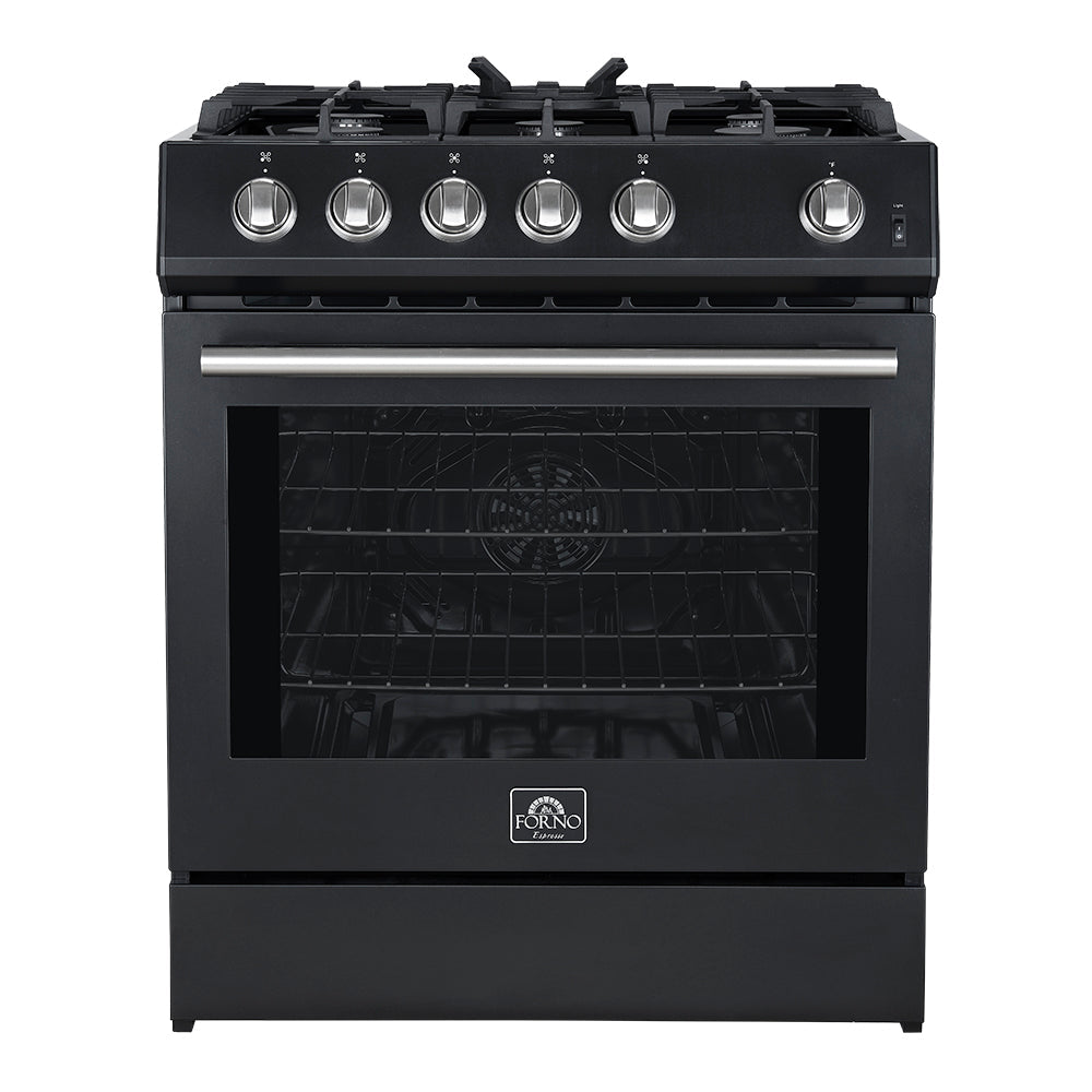 Forno 5-Piece Appliance Package - 30-Inch Gas Range, Under Cabinet Range Hood, Refrigerator wth Water Dispenser, Dishwasher, and 30-Inch Microwave Drawer in Black with Stainless Steel Trim