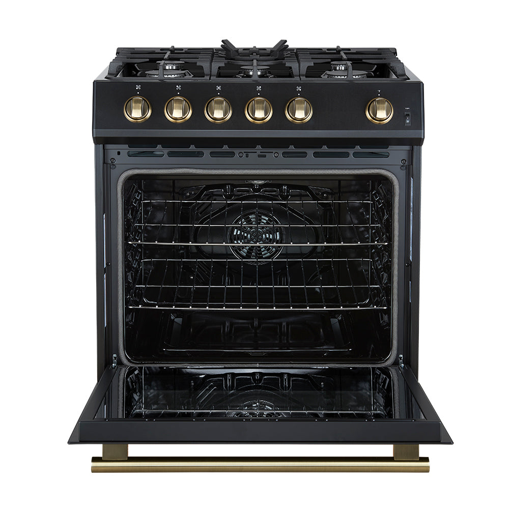 Forno 5-Piece Appliance Package - 30-Inch Gas Range, Under Cabinet Range Hood, Refrigerator, Dishwasher, and 24-Inch Microwave Oven in Black with Antique Brass Trim