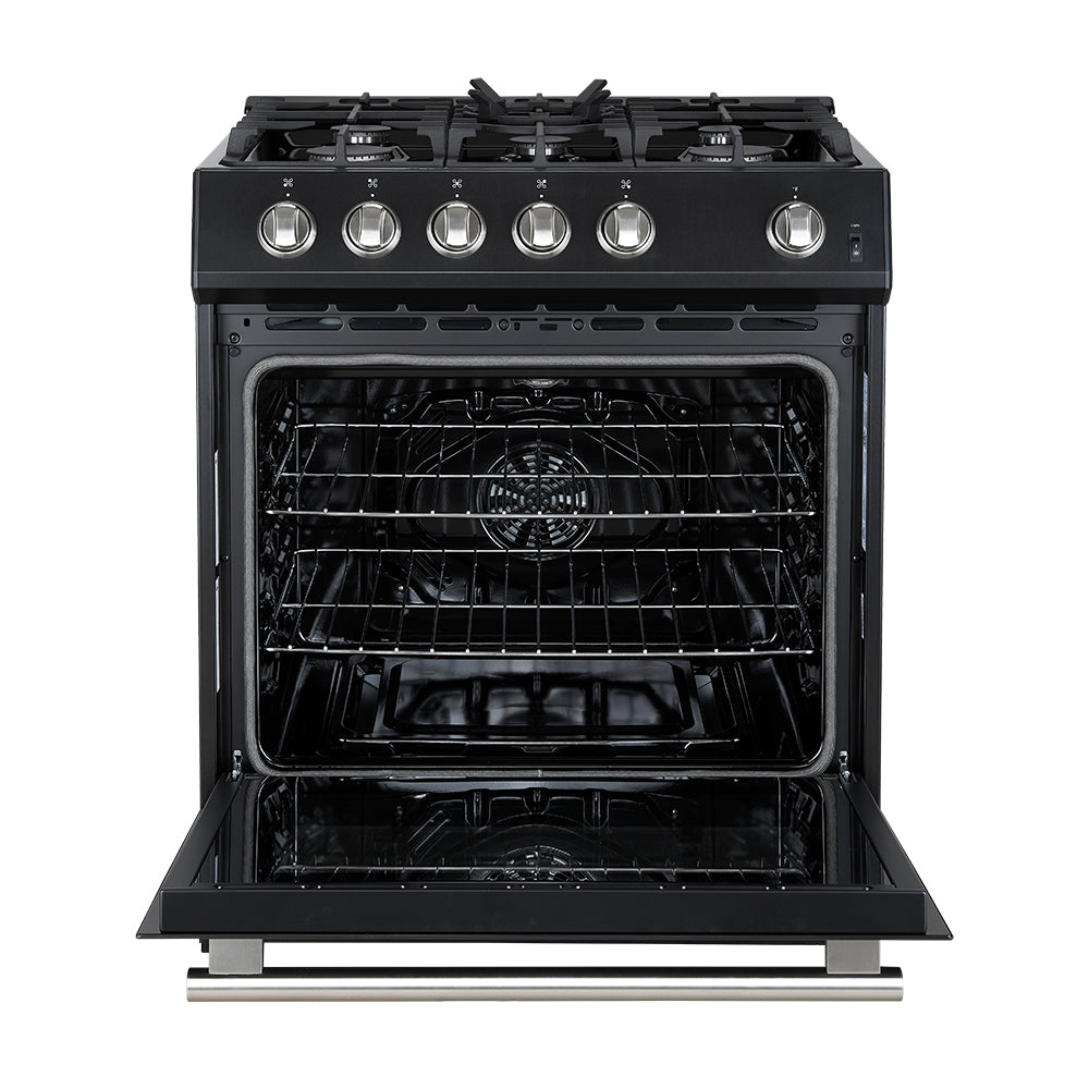 Forno 5-Piece Appliance Package - 30-Inch Gas Range, Under Cabinet Range Hood, Refrigerator wth Water Dispenser, Dishwasher, and 30-Inch Microwave Drawer in Black with Stainless Steel Trim